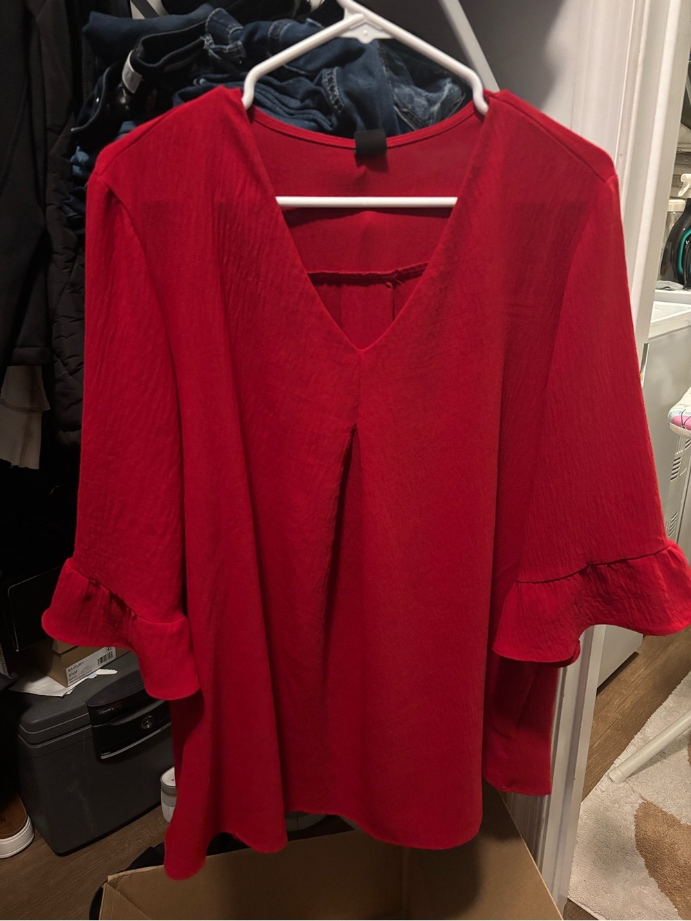 Women's Red V-Neck Ruffle Sleeve Top